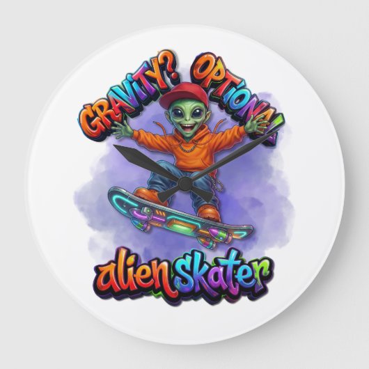 Optional Gravity Alien Skater Hoverboard Weltraum Große Wanduhr (Vorderseite)