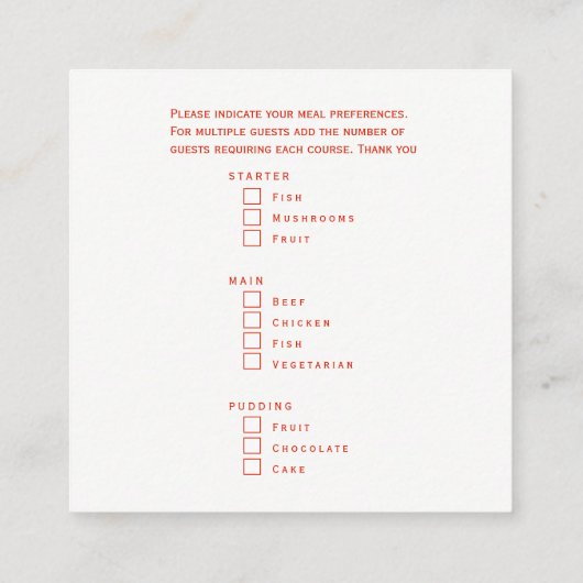 Optionen zu Weihnachtsessen Wählen Sie Ihre Mahlze Begleitkarte (Rückseite)