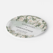 Opulent Aquarell Weißrosen Grüne Goldhochzeit Pappteller (Schrägansicht)