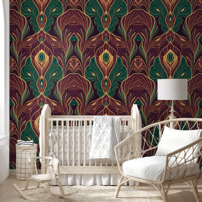Opulent Art Deco Peacock Feather Wallpaper Tapete (Kinder)