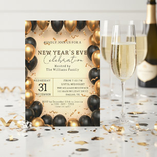 Opulent Black Gold Ballon Confetti Neujahr Einladung