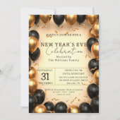 Opulent Black Gold Ballon Confetti Neujahr Einladung (Vorderseite)