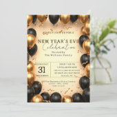 Opulent Black Gold Ballon Confetti Neujahr Einladung (Stehend Vorderseite)