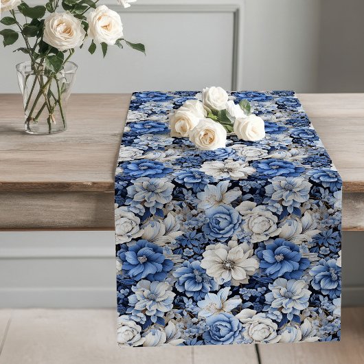 Opulent blue ivory floral elegant dining decor  großer tischläufer