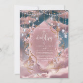 Opulent Blue Pink Clouds Calligrafy Wedding Einladung (Vorderseite)