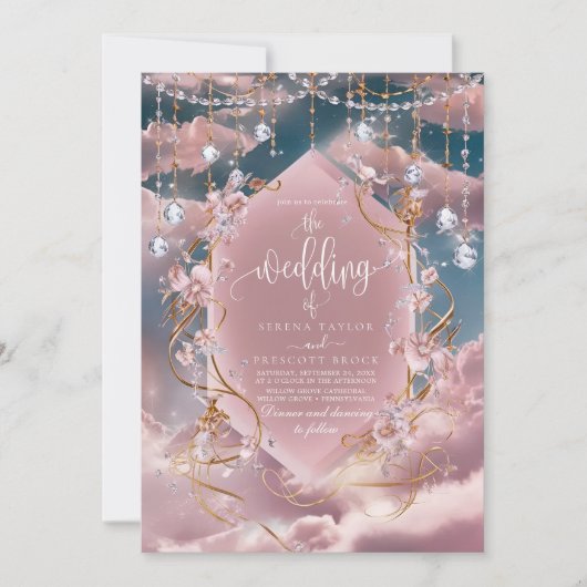 Opulent Blue Pink Clouds Calligrafy Wedding Einladung (Vorderseite)