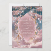 Opulent Blue Pink Clouds Kalligraphie Save the Dat Einladung (Vorderseite)