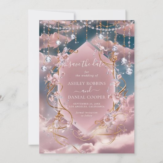 Opulent Blue Pink Clouds Kalligraphie Save the Dat Einladung (Vorderseite)