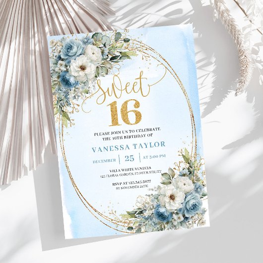 Opulent Dusty Blue Gold Sweet Sixteen Invitation Einladung
