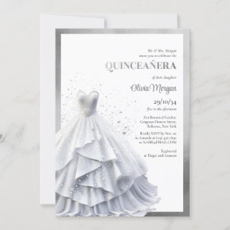 Opulent elegantes Silberkleid Glamour Quinceañera Einladung