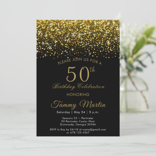 Opulent Gold Confetti 50. Geburtstag Einladung (Stehend Vorderseite)