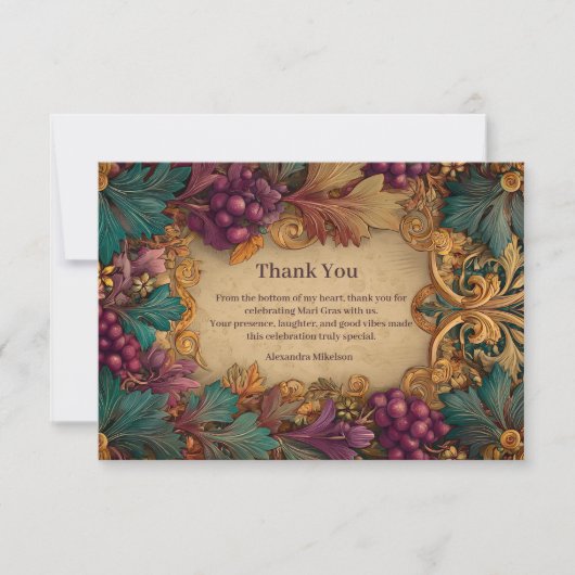 Opulent Grape Leaf Mardi Gras Masquerade Dankeskarte (Vorderseite)