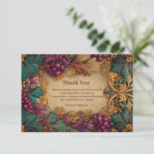 Opulent Grape Leaf Mardi Gras Masquerade Dankeskarte (Stehend Vorderseite)