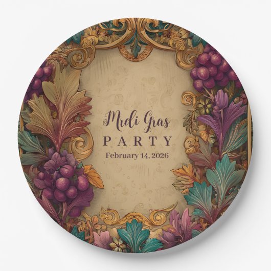 Opulent Grape Leaf Mardi Gras Masquerade Pappteller (Vorderseite)
