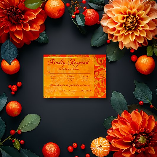 Opulent Mandarin Orange Floral Wedding RSVP Karte