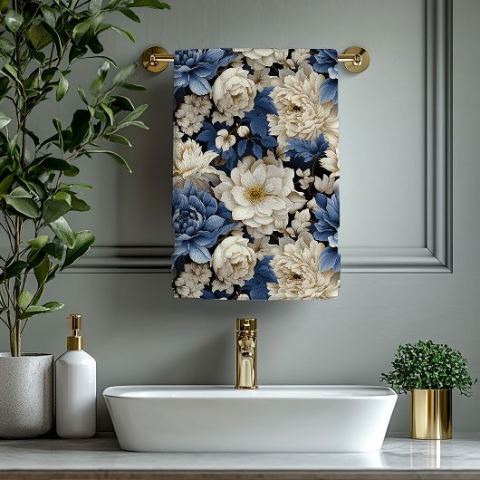 Opulent Navy Blue Ivory Gold Floral Towel Badhandtuch Set
