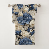 Opulent Navy Blue Ivory Gold Floral Towel Badhandtuch Set (Insitu)