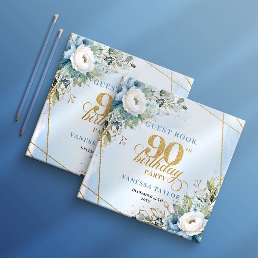 Opulent Pastel Blue Gold 90th Birthday Sign In Gästebuch
