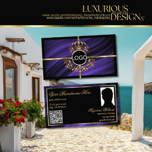 Opulent Royal Blue Gold Crown Logo Foto QR Code Visitenkarte