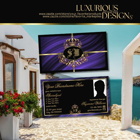Opulent Royal Blue Gold Crown mit Monogram Foto Visitenkarte