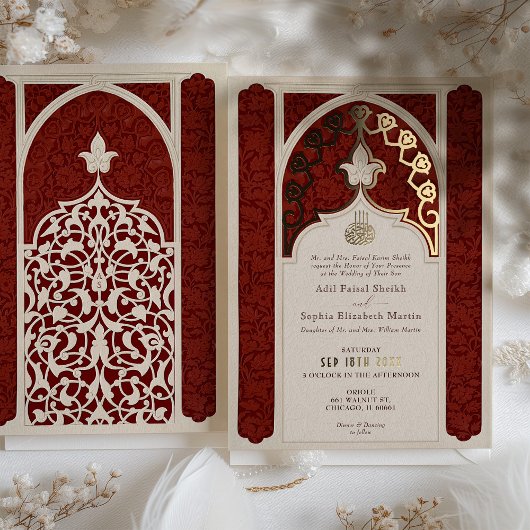 Opulent Ruby and Cream Foil Lace Islamic Wedding Folieneinladung
