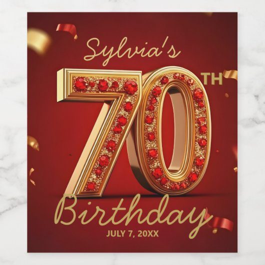 Opulent Ruby Red Gold Glitter 70th Birthday Weinetikett (Einzelnes Label)