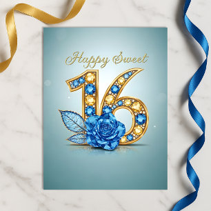 Opulent Sapphire Blue Crystal Rose Gold Sweet 16 Postkarte