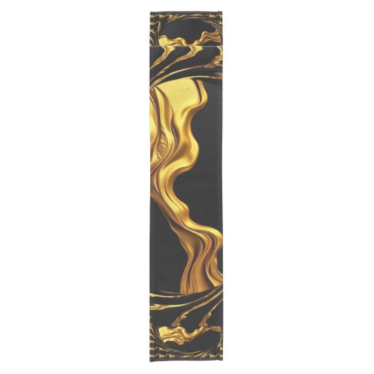 Opulent Swirl Liquid Gold Black Monochrom Designer Kurzer Tischläufer (Vorderseite)