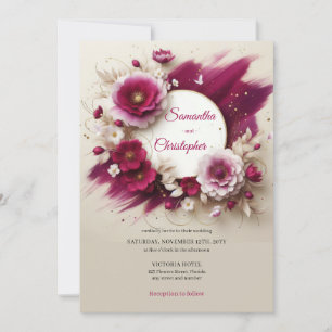 Opulente Magenta-Blume und Goldrahmen-Hochzeit Einladung