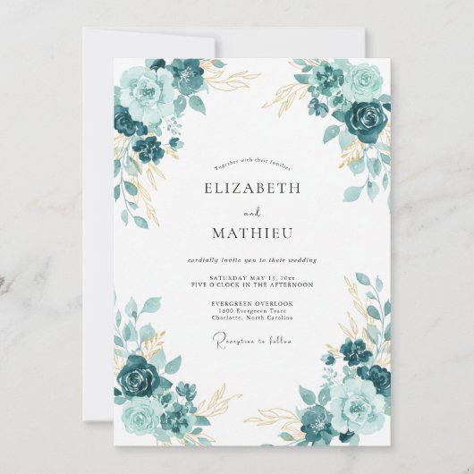 Opulente Teal-Blüten-Hochzeit Einladung (Vorderseite)