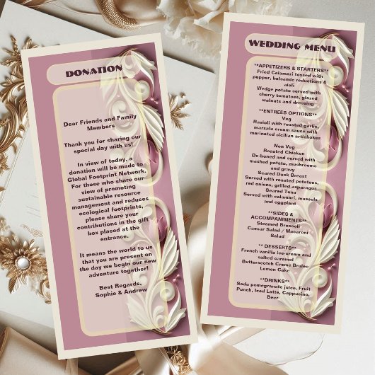 Opulenter Barock Tulip Ivory Swirl Mulberry Weddin Menükarte