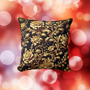 Opulenter Schwarz-Gold-Blumen-Barock Kissen