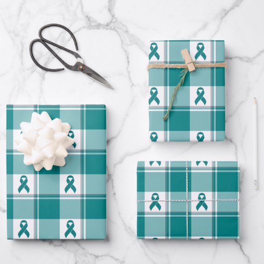 Oral Cancer Awareness Plaid Teal Ribbon Geschenkpapier Set (Vorderseite)