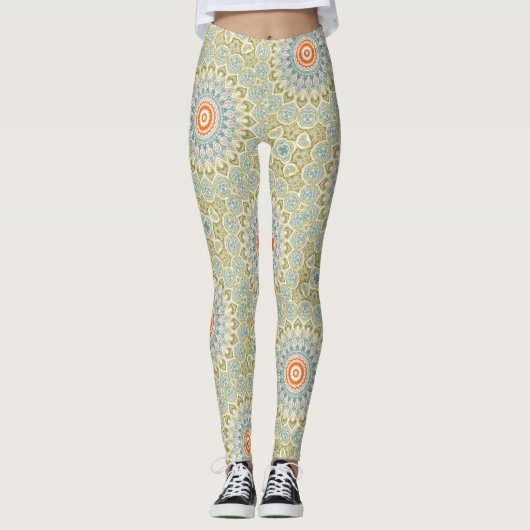 Oranes und Aquamarines Mandala-Muster mit Goldakze Leggings (Vorderseite)
