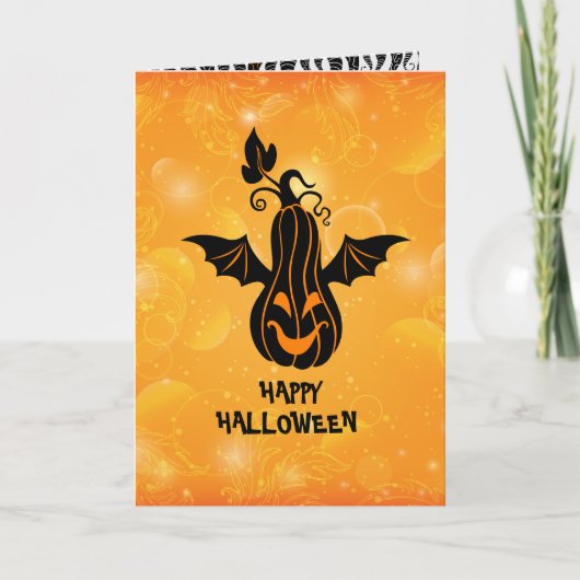 Orang & Black Happy Halloween Flying Pumpkin Karte (Vorderseite)