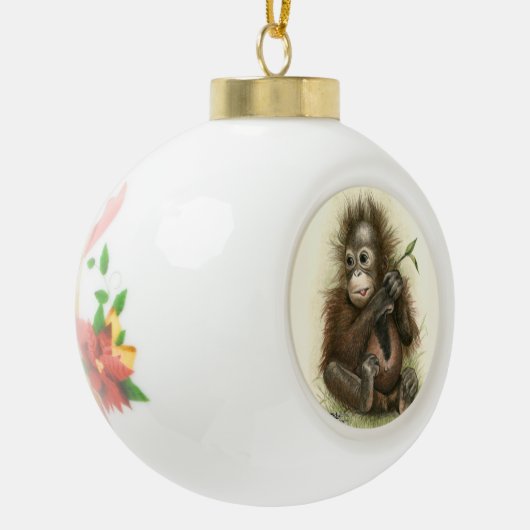 Orang-Utan Baby mit Blätter Keramik Kugel-Ornament (Links)