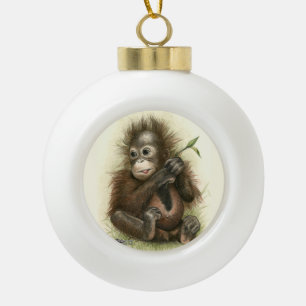 Orang-Utan-Baby mit Blättern Keramik Kugel-Ornament