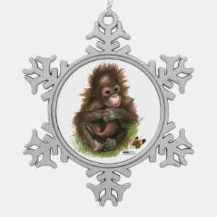 Orang-Utan-Baby und Schmetterling Schneeflocken Zinn-Ornament