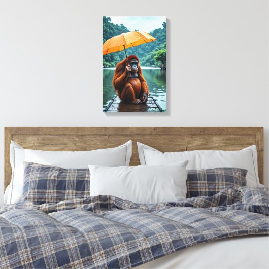 Orang-Utan mit orangefarbenem Regenschirm Leinwanddruck (Insitu (Schlafzimmer))