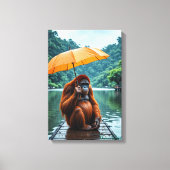 Orang-Utan mit orangefarbenem Regenschirm Leinwanddruck (Vorderseite)