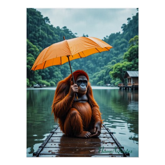 Orang-Utan mit orangefarbenem Regenschirm Poster (Vorderseite)