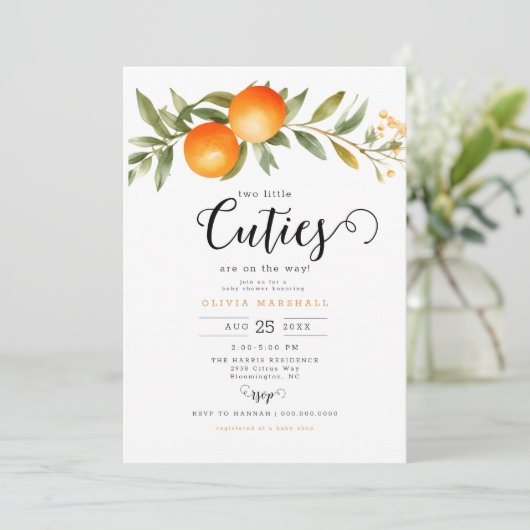 Orange 2 kleine Süssen Zweibettzimmer Kinderdusche Einladung (Stehend Vorderseite)