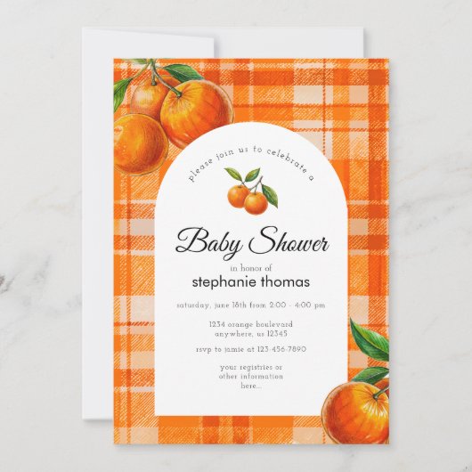 Orange 3D Citrus Kariert Handgezogene Babydusche Einladung (Vorderseite)