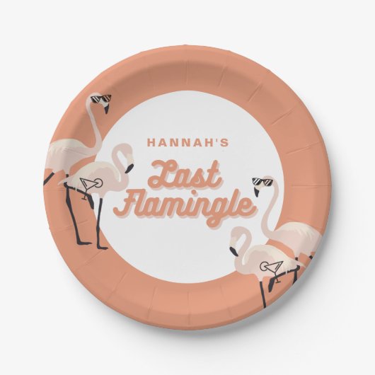 Orange 70er Flamingo Last Flamingle Brautparty Pappteller (Vorderseite)