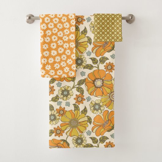 Orange 70's Retro Floral Badhandtuch Set (Insitu)