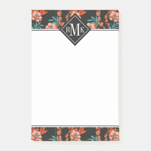 Orange abstraktes Blumenmuster des Monogramm-  Post-it Klebezettel