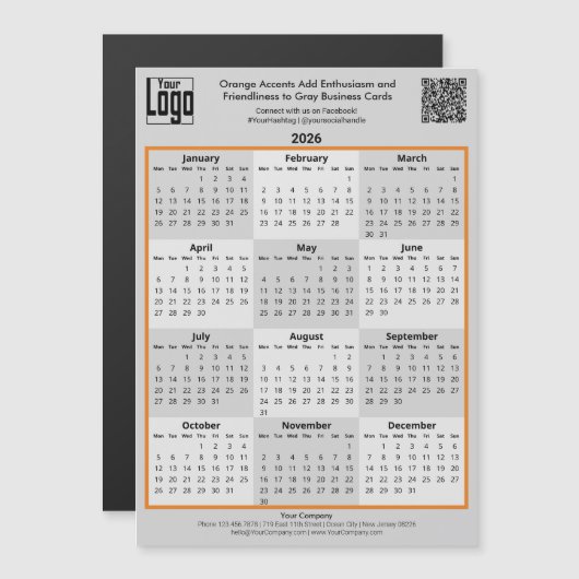 Orange Accents & Logo Gray 2026 Calendar Magnet (Vorne/Hinten)
