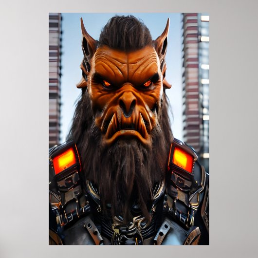 Orange Alien in der Stadt | AI Art Poster (Vorne)