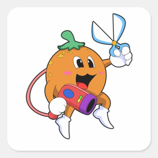 Orange als Friseur mit Schere & Haartrockner Quadratischer Aufkleber (Vorderseite)