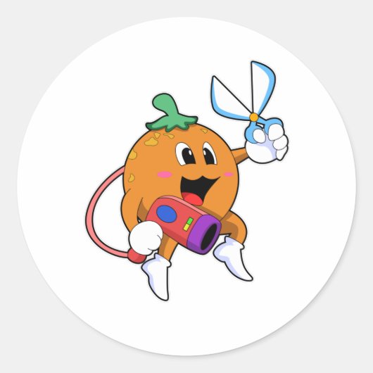 Orange als Friseur mit Schere & Haartrockner Runder Aufkleber (Vorderseite)